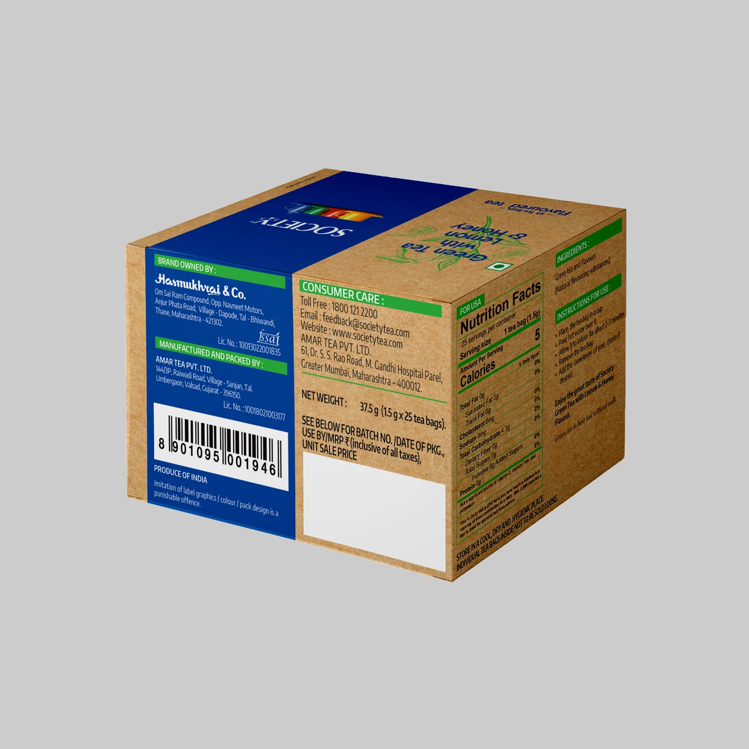 Society Green Tea with Lemon and Honey Flavoured Tea Bags  (37.5g) - Image 3