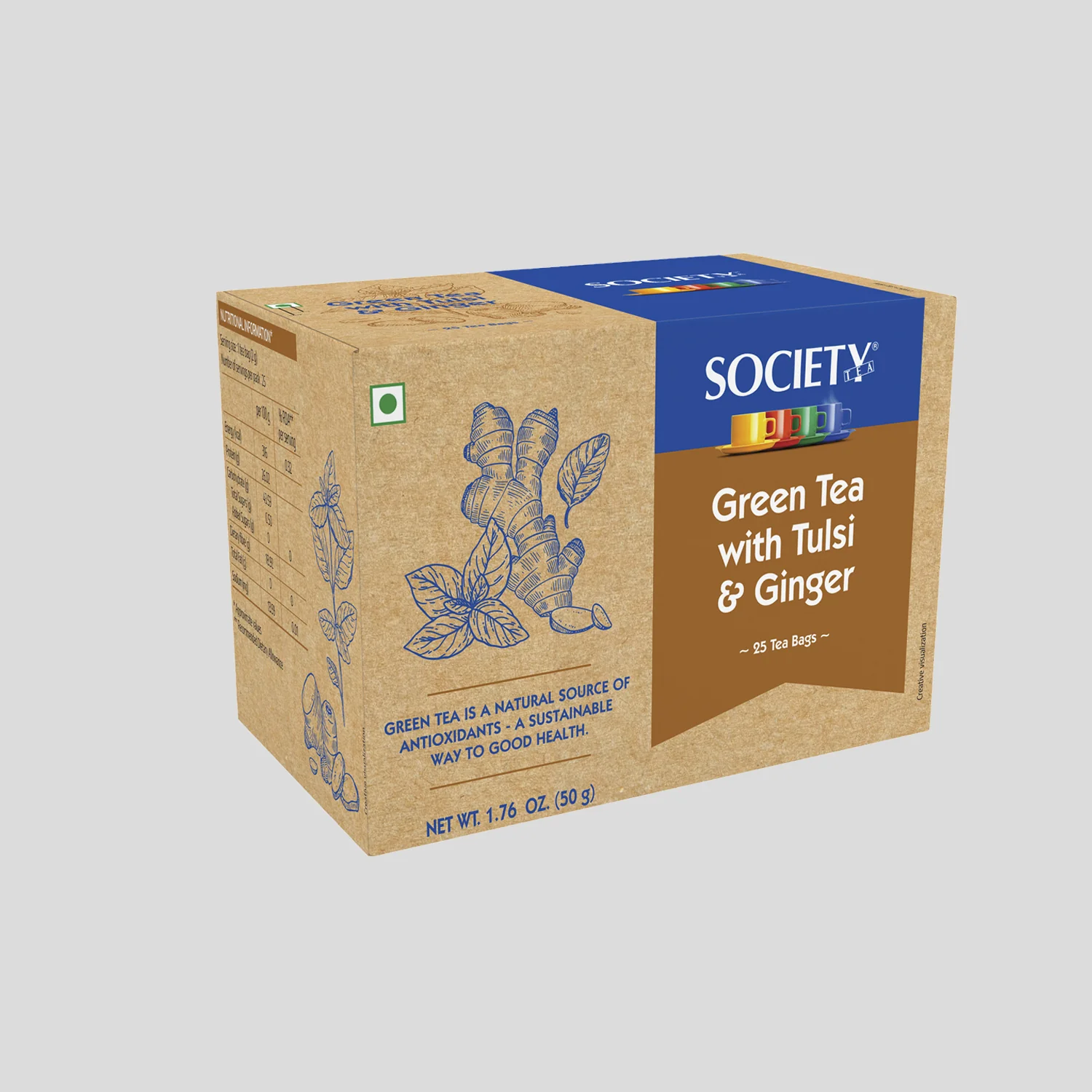 Society Green Tea With Tulsi & Ginger 25 Tea Bags (50 g) - Image 3