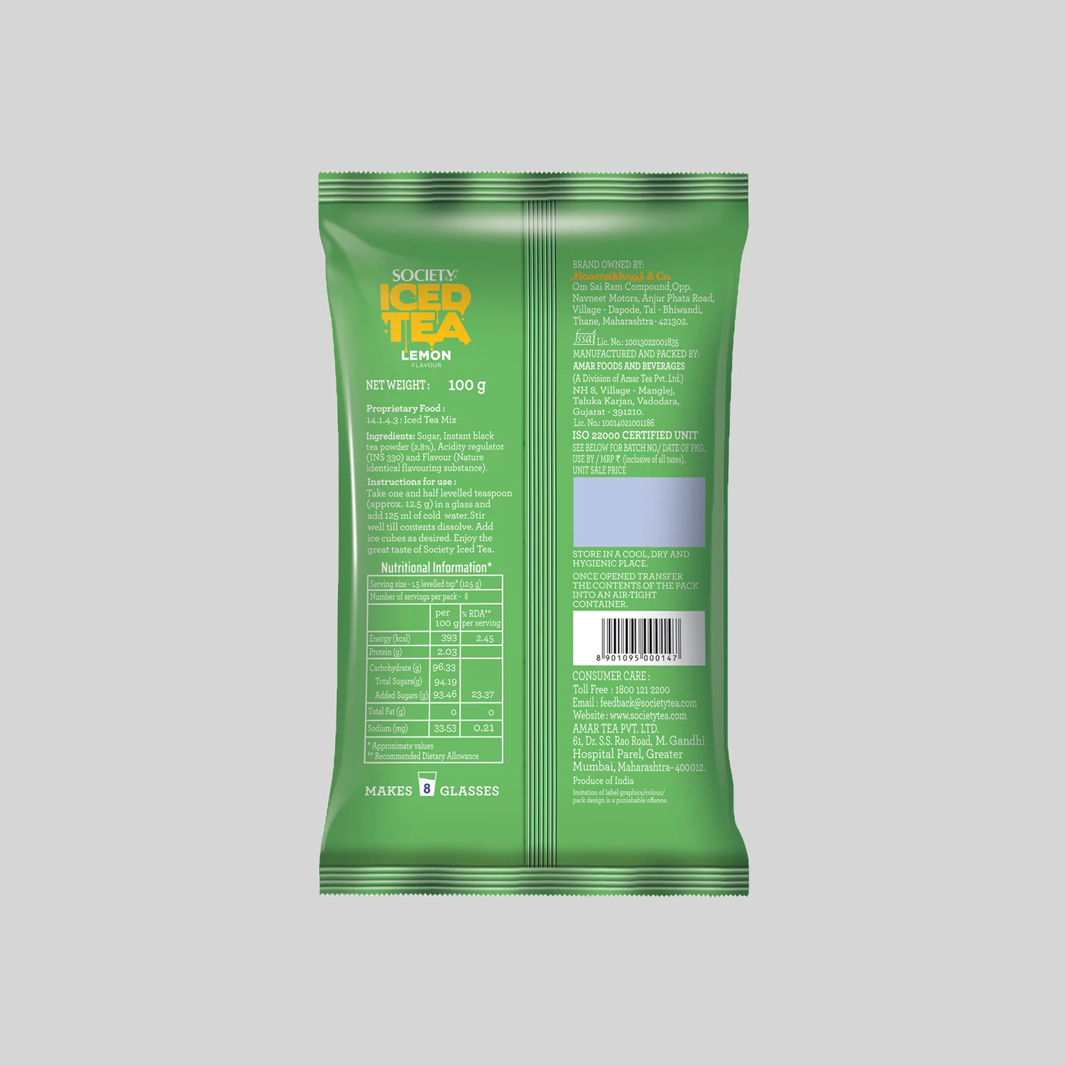 Society Iced Premix Tea Lemon Green 100g Pouch - Pack of 10 - Image 3