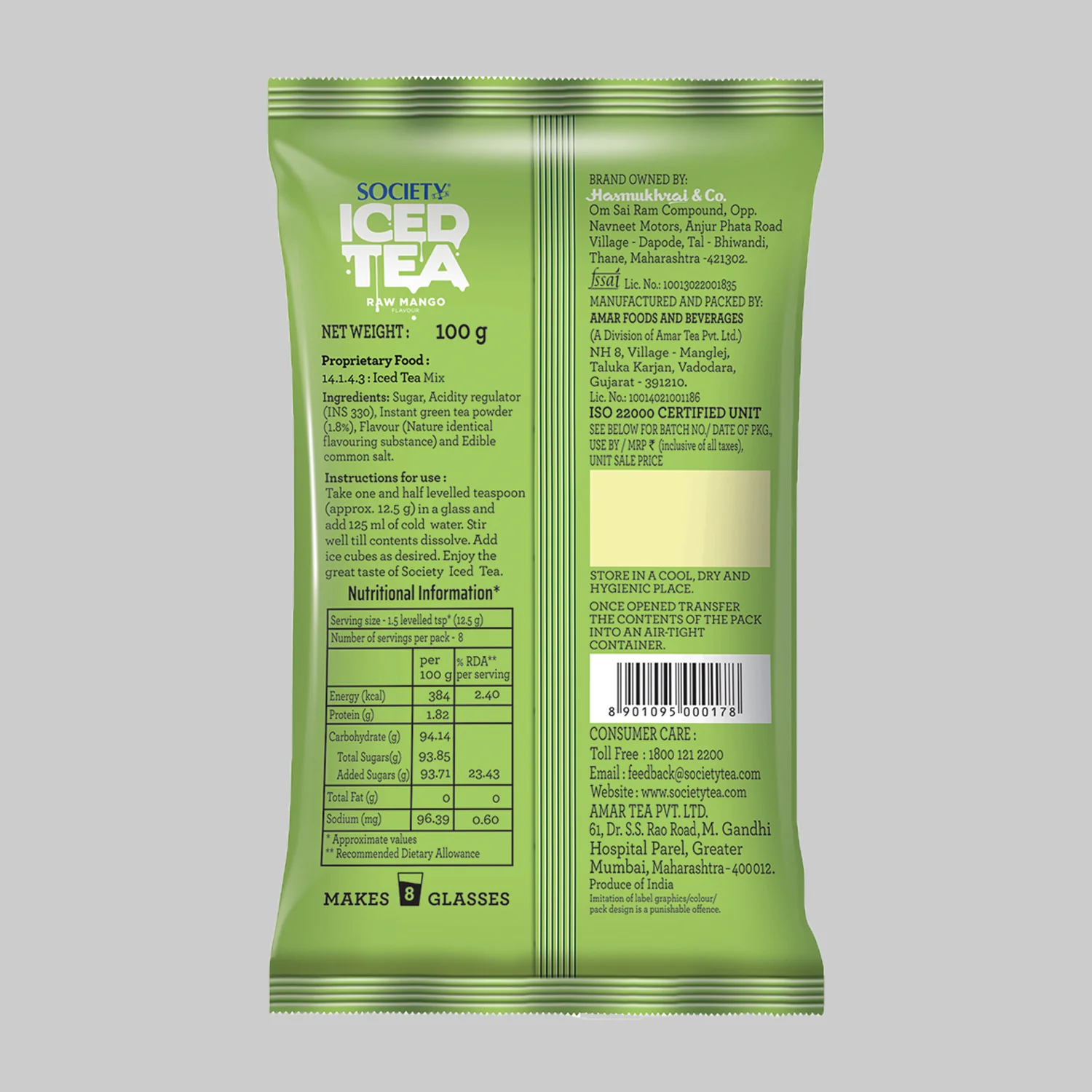 Society Iced Premix Tea Raw Mango Green 100g Pouch - Pack of 10 - Image 3